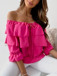 Double Layered Ruffled Off Shoulder Top Women's Solid Color Spring Autumn t-Shirts Vacation Casual Clothes