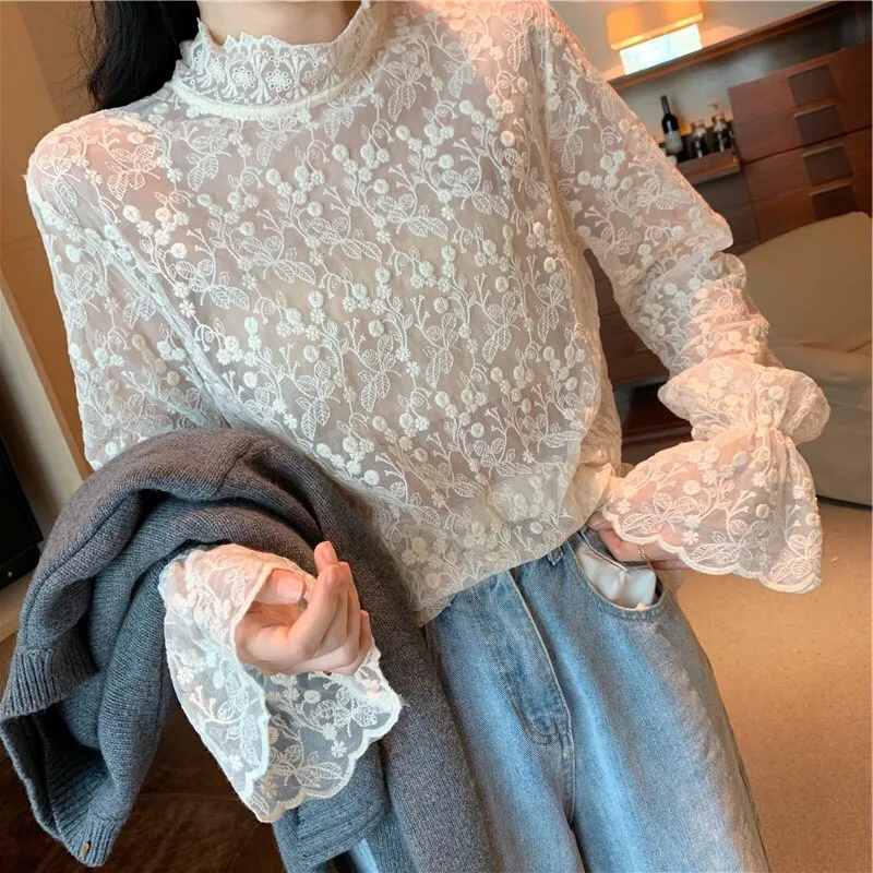 Transparent Blouses Women Hollow Out Sexy Spicy Girls High Street Long Sleeve Breathable Elegant Mesh Temperament Mock Neck Chic