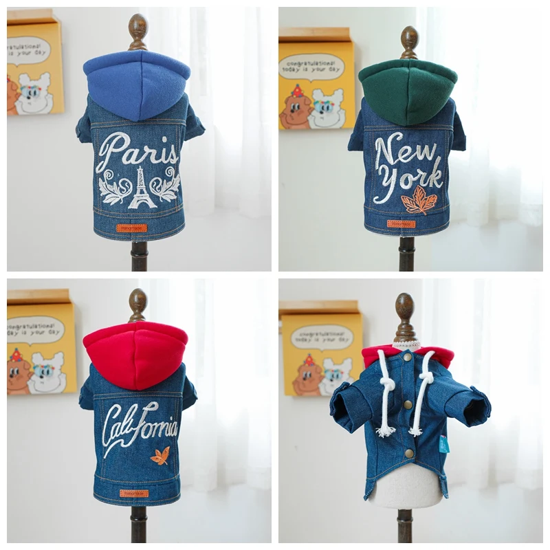 Denim Hoodie For Small Dog Letter Embroider Harness Cosutme XS XL Pet Dachshund Poodle Autumn Winter Cowboy Vest Puppy Cat Goods