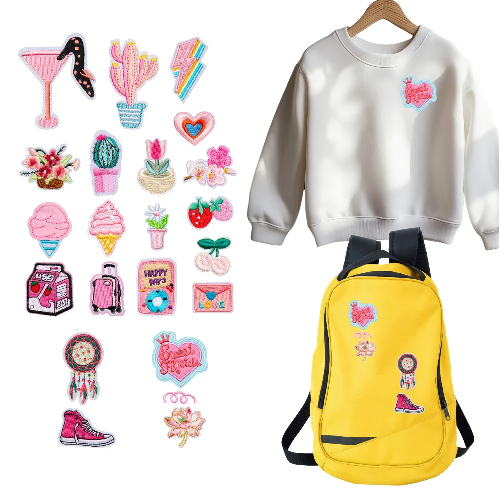 

Cartoon Drink Embroidery Patch Past Pink Series Decorative Accessories Cloth Iron on Patches for Clothes Appliques for Clothing