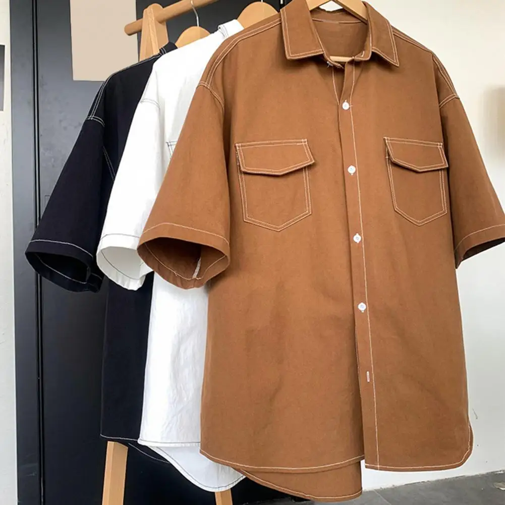 Fall Spring Men Shirt Loose Fit Japanese Style Single-breasted Lapel Half Sleeve Buttons Soft Breathable Mid Length Men Streetwe