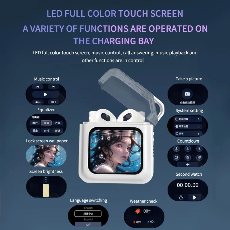 2024 LED Color Screen Earphones Bluetooth 5.0 Noise Cancellation True Wireless Touch Control Half in Ear Sport Earbuds  with APP