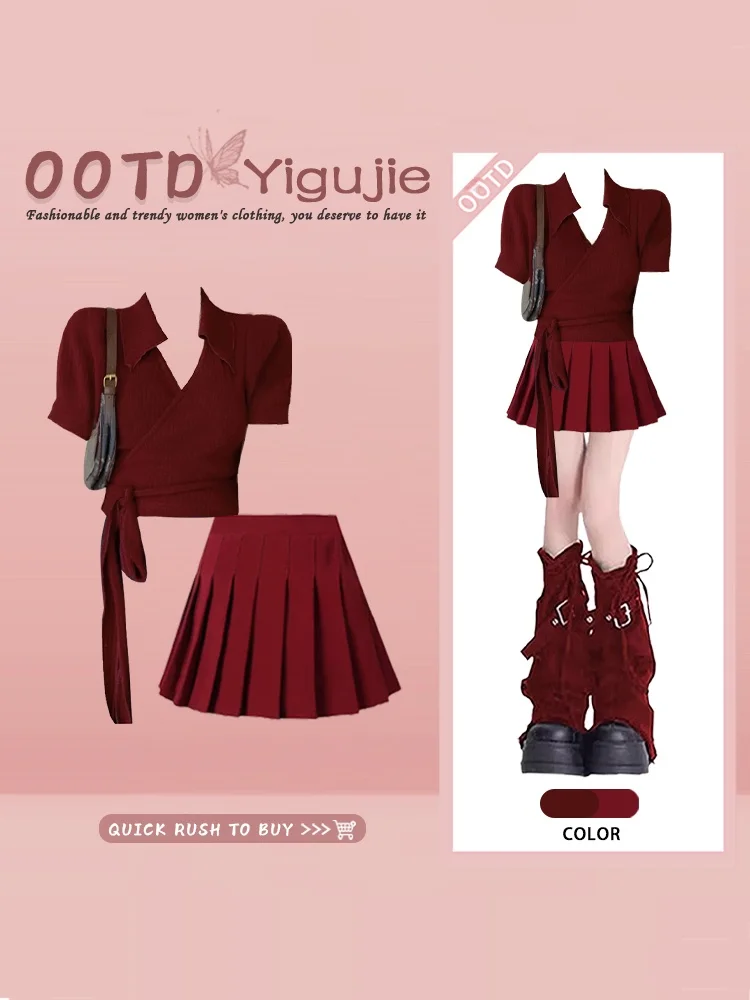

Red Neck Cross Hong Kong Style Knitted Top Short Pleated Skirt Two Piece Set Women Summer Fashion Ensemble Collar