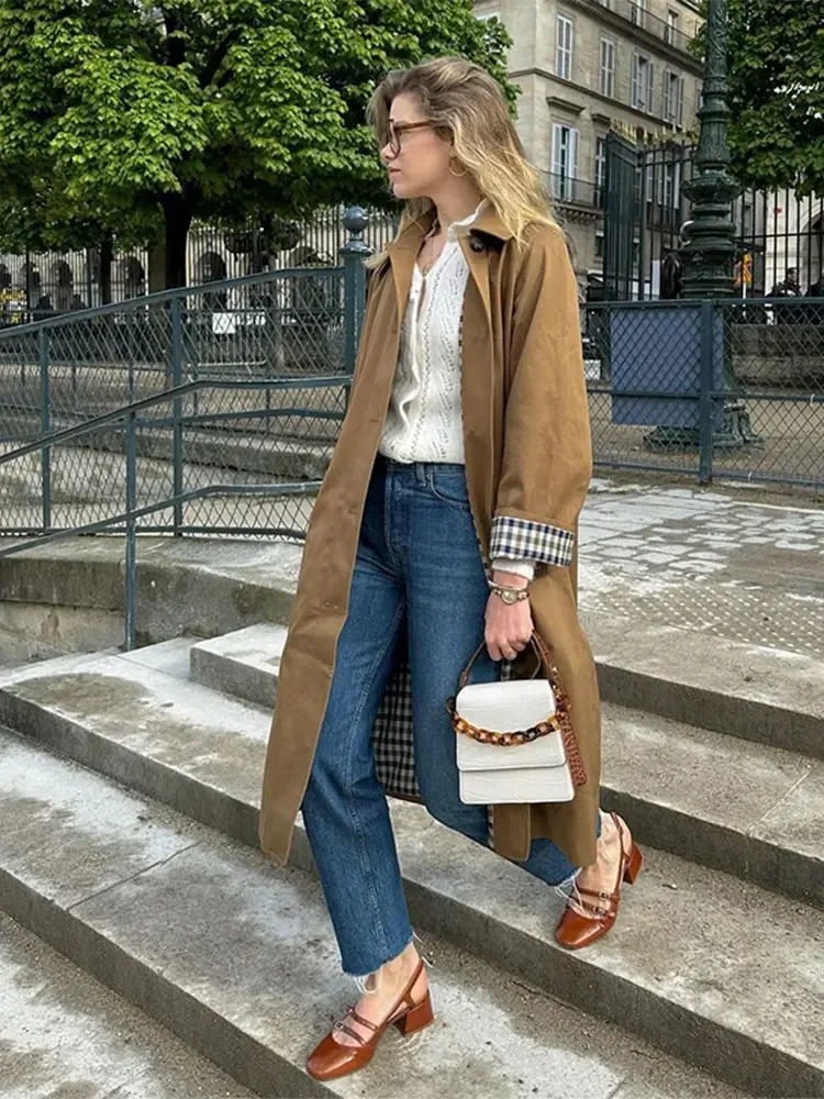 

Woman Casual Khaki Plaid Lined Lapel Long Coats Fashion Single Breasted Jacket With Pocket 2024 Autumn Lady Commute Windbreaket