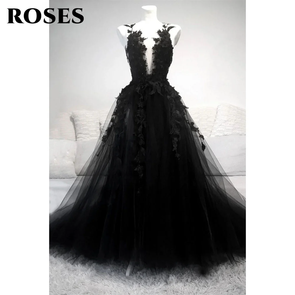 Black V-Neck Tulle Evening Gown Lace Long Prom Dresses Black A-Line Evening Dresses A Line Appliques Formal Dresses Custom Size