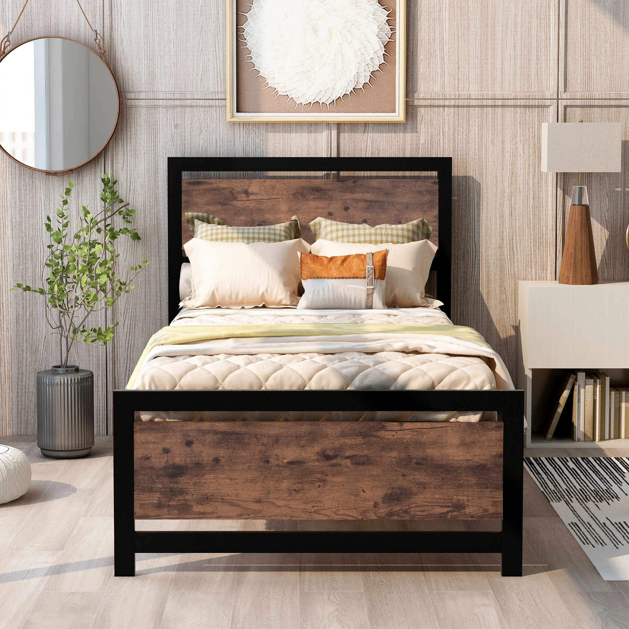 Metal and Wood Bed Frame with Headboard and Footboard ,Twin Size Platform Bed ,No Box Spring Needed, Easy to Assemble