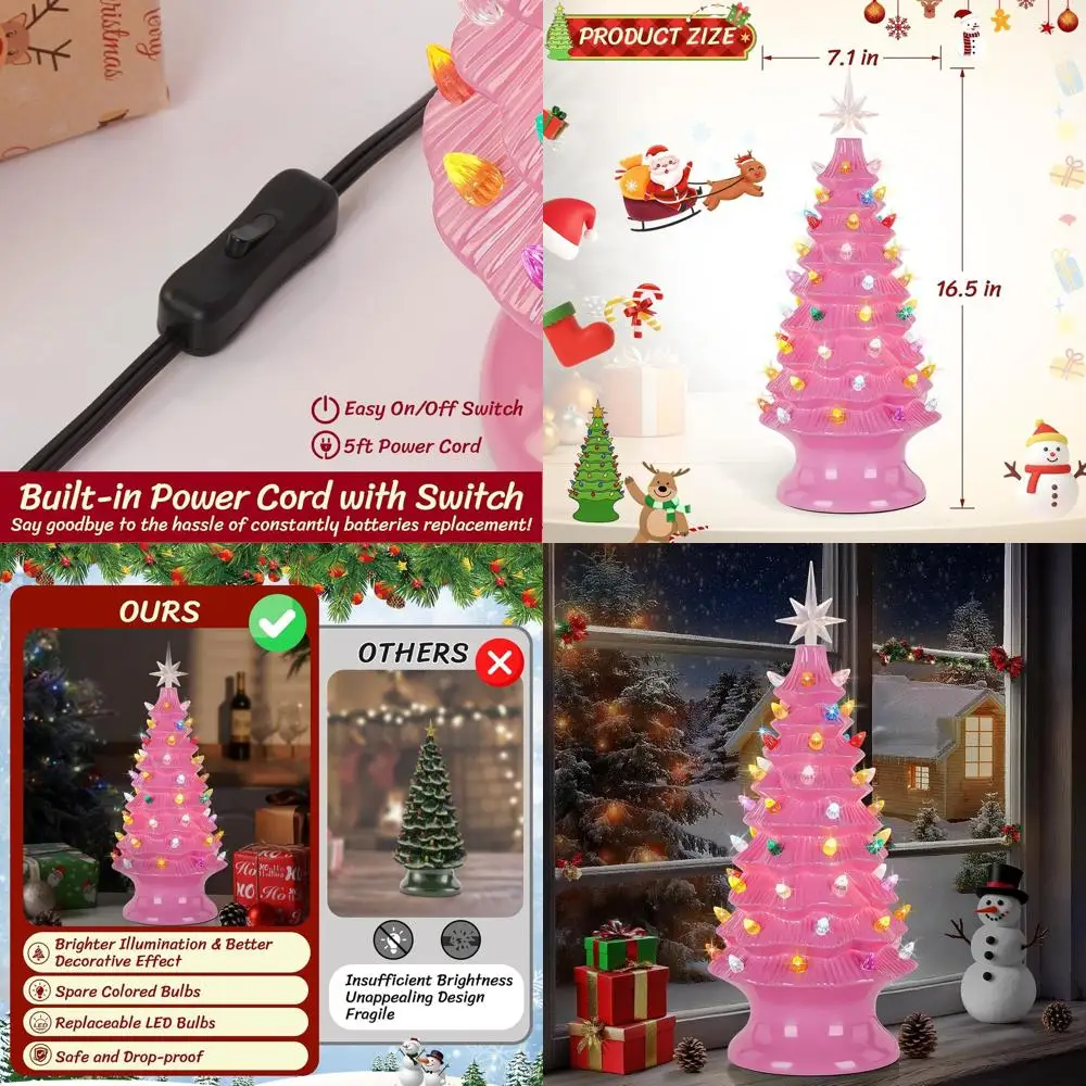 

Hand-Painted 16.5 Resin Christmas Tree with Multicolor LED Lights, Pre-lit Pink Tabletop Decor