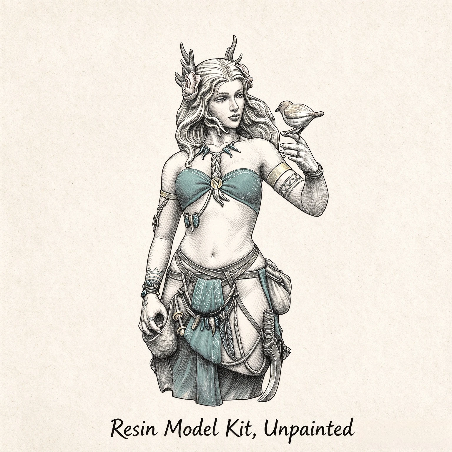 Unpainted Resin Bust Model Kit 1/10 Scale Druid Woman with Bird Unassembled DIY Figure