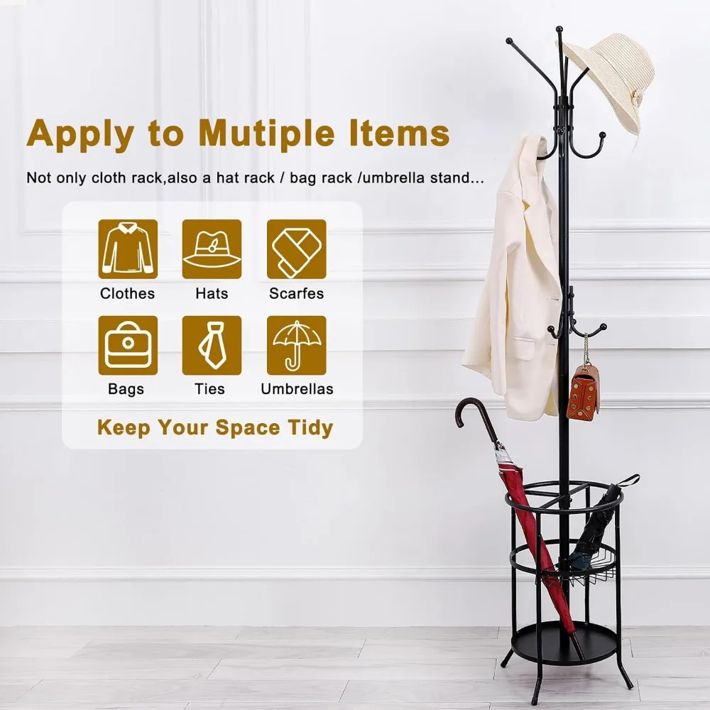 رف معطف معدني أسود حديث مع حامل مظلة و12 خطافًا لتعليق المعاطف والقبعات والإكسسوارات