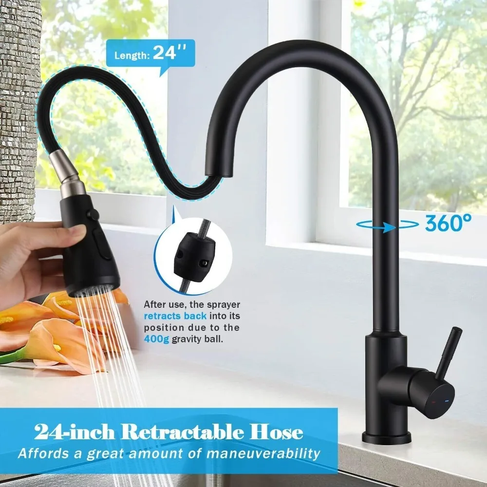 マットブラック タッチセンサー キッチン蛇口 プルダウンスプレーヤー スイベルシンクミキサータップ