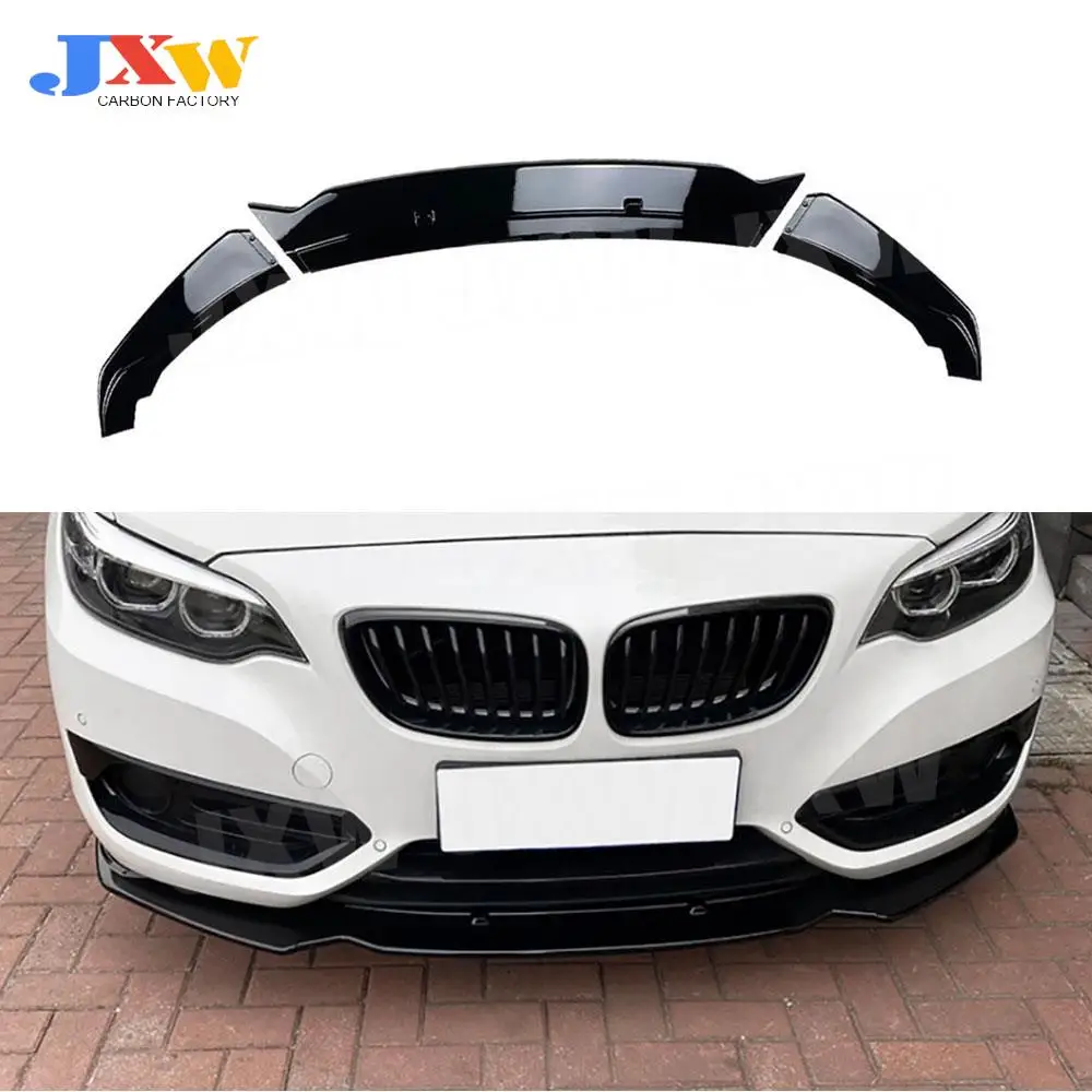 ABS Carbon Look Front Bumper Lip Chin Spoiler Three-section for BMW 2 Series F22 Standard 2014-2021 Gloss Black