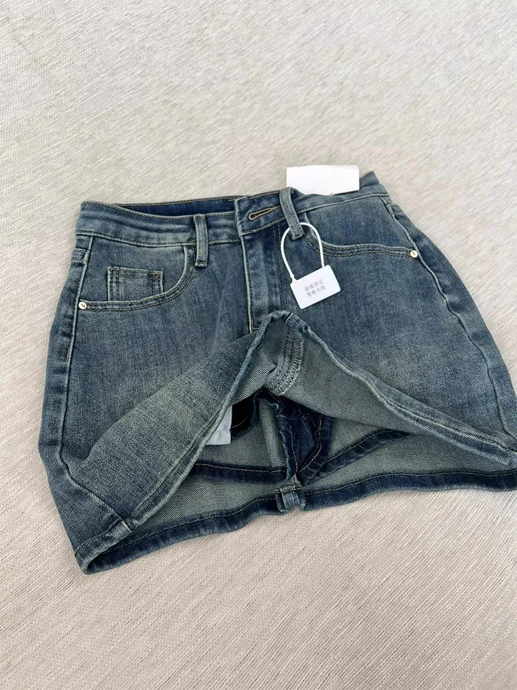 

High Waist A-Line Denim Skirt Women's Elastic Slimming ort Skirts Fall New plus Size Anti-Light Wrap around Skirts