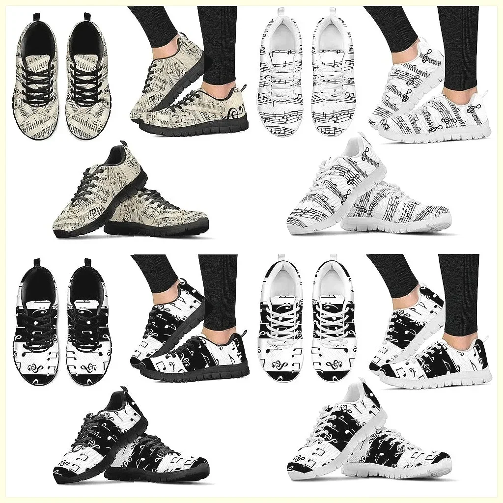 2022 New Music Notes Mesh Flats Sneakers for Women, Breathable Lace-Up Spring Shoes Plus Size