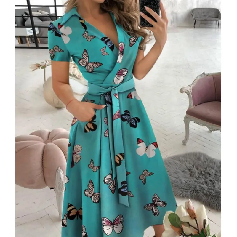 

2023 Summer New Solid Color Fashion Temperament Fresh Sweet Elegant Pullover V-Neck Mid Waist Wave Dot Printed Dress For Women