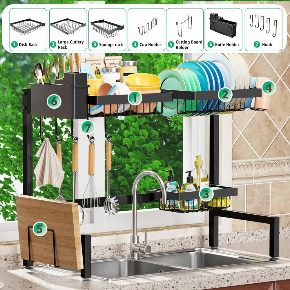 Over The Sink Dish Drying Rack 2 Tiers, for All Sinks (24.8"-35.4"),Expandable Large Capacity Sink Rack, Metal Drying Rack for K