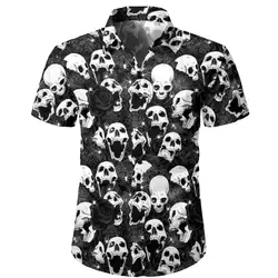 Men's Skull Shirts Casual Short Sleeve Shirt For Men Summer Black White Printed Men's Clothing Loose Oversized Lapel Shirts Top