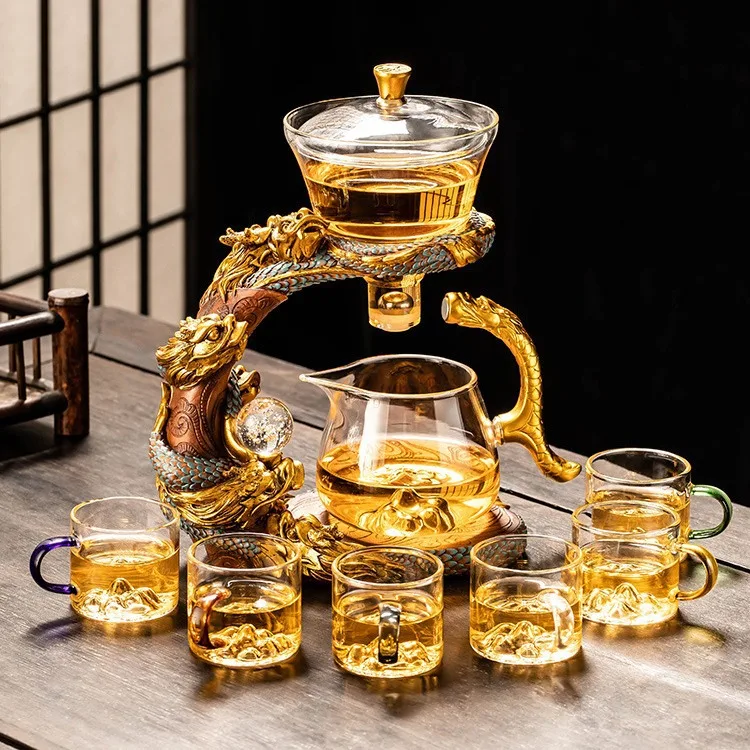 

Creative Lazy Teapot Set Kungfu Glass Tea Set Magnetic Tea Infuser Rotating Cover Bowl Semi-automatic Glass Teapot Set
