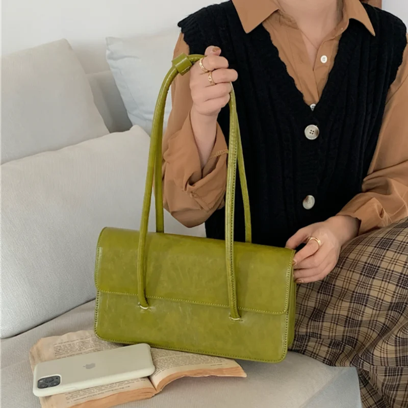 Retro Simple Women\'s Underarm Bag Vintage Green Ladies Square Shoulder Bags Winter Fashion Female Tote Purse Top Handle Handbags