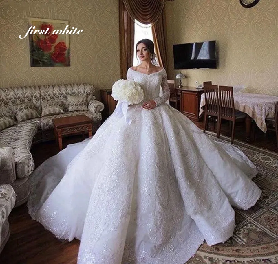 Luxury Off Shoulder Ball Gown Wedding Dress Long Sleeve Full Beaded Lace Cathedral Train Bridal Gown Custom MadeWedding Dresses