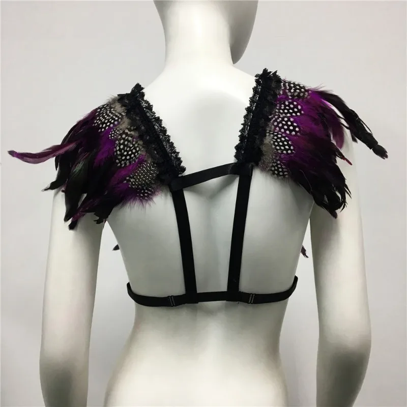 Halloween Rave Women Festivals clothing  tomanrolland Feather Tank Top Punk Crop Tops Body Harness Bra Sexy Lingerie Women