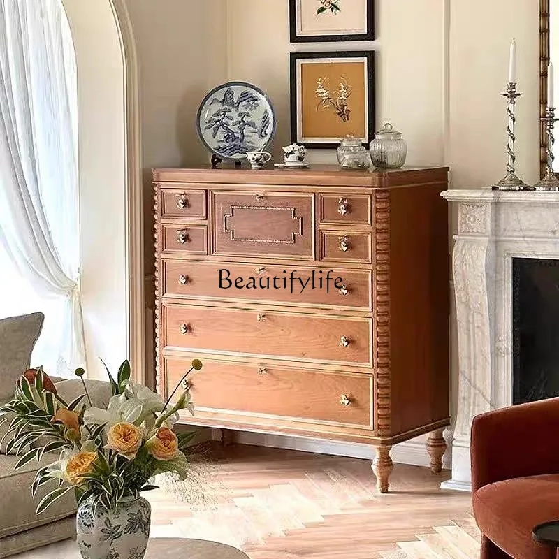 

French retro solid wood carving flower chest cabinet antique bedroom storage drawer decorative cabinet
