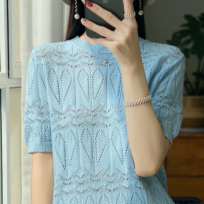 2023 New Pure Cotton Round Neck Sweater T-shirt Casual Solid Color Top Loose Hollow Pullover Short Sleeve Knitted Fashion T-shir