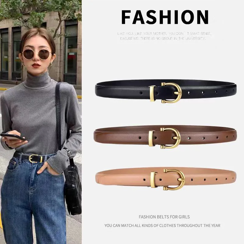 Fashion Thin Buckle Belt for Women Detachable Double Side Denim Belt Gold Metal Buckle Waist Strap Jeans Dress Trouser Waistband