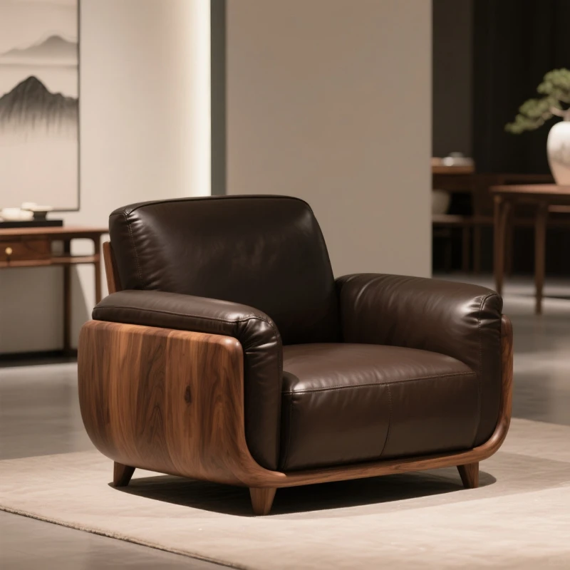

Italian minimalist black walnut leather sofa, antique light luxury solid wood leisure chair, single sofa small apartment