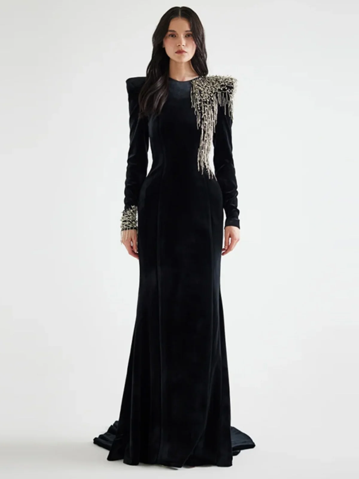 

Длинное вечернее платье с обильной вышивкой бисером, из ацетатного бархата, со шлейфом, для свадьбы, выступлений, с завышенной талией, из хлопка Levis