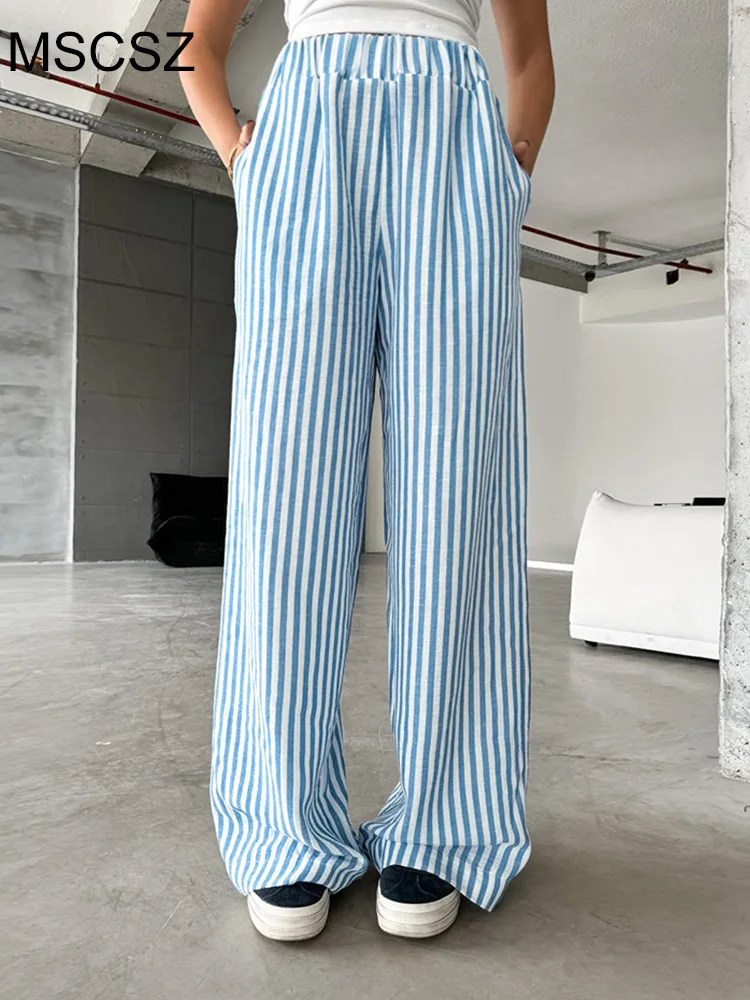 MSCSZ Blue Striped Casual Pants For Women Elastic Waist Wide Pants 2024 New In Stylish Full Length Trousers