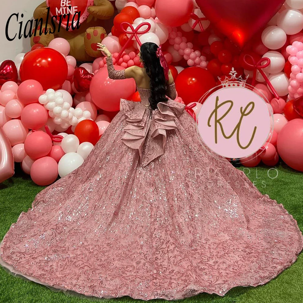 Pink Shinning 3D Flowers Off The Shoulder Ball Gown Quinceanera Dresses Lace Up Sweet 15 16 Dress vestidos de 15 años