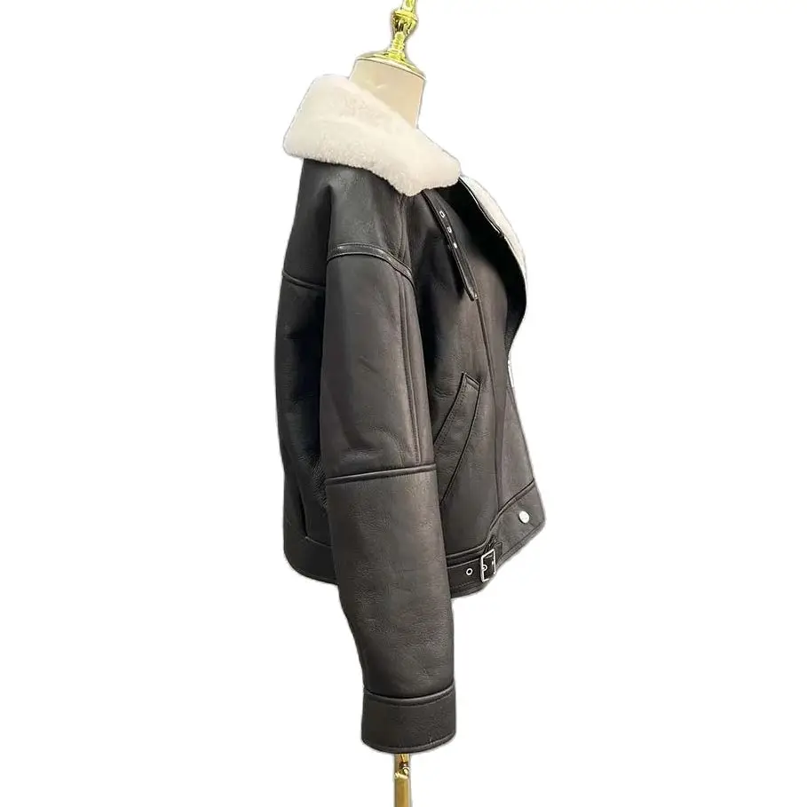 JANEFUR Shearling Jacket Women 2023 Genuine Leather Motorcycle Black Winter Real Sheepskin Coat