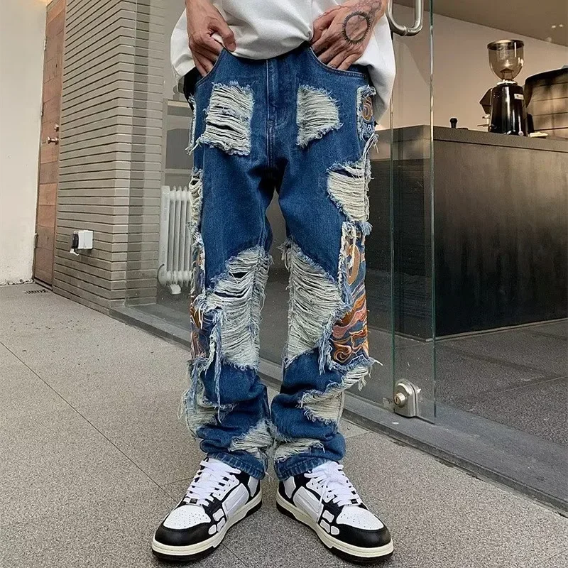 

2024 Grunge Clothes Y2K Streetwear Baggy Ripped Stacked Jeans Pants Men Straight AOSHIYA Old Hip Hop Denim Trousers Pantaloni