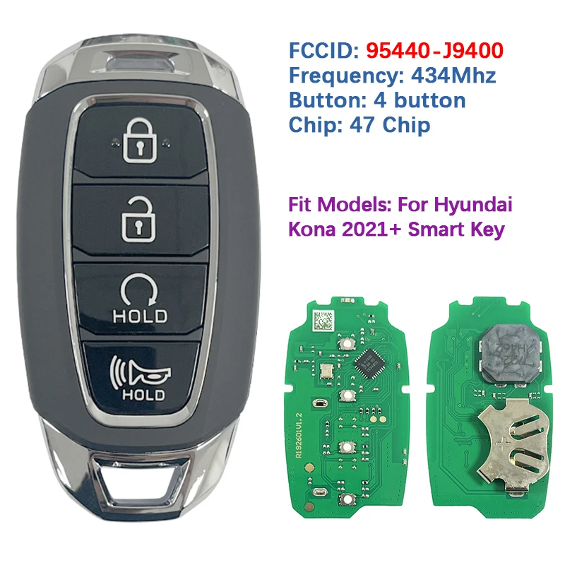 

CN020279 Aftermarket 4 Button Smart Key Fob FCC 95440-J9400 47 Chip TQ8-FOB-4F43 433Mhz For Hyundai Kona 2021+