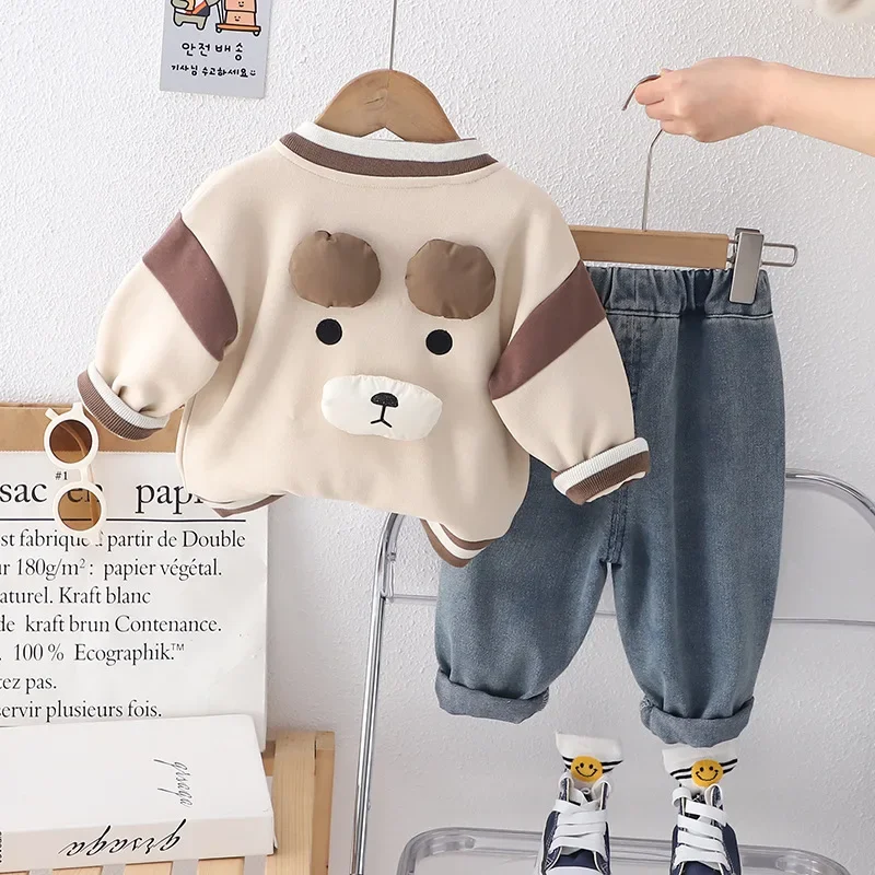 Autumn Spring Baby Boy Boutique Infant Clothes Casual Cartoon Cardigan Jackets+White T-shirt Top+Jeans Pants 3pcs Kids Sport Set