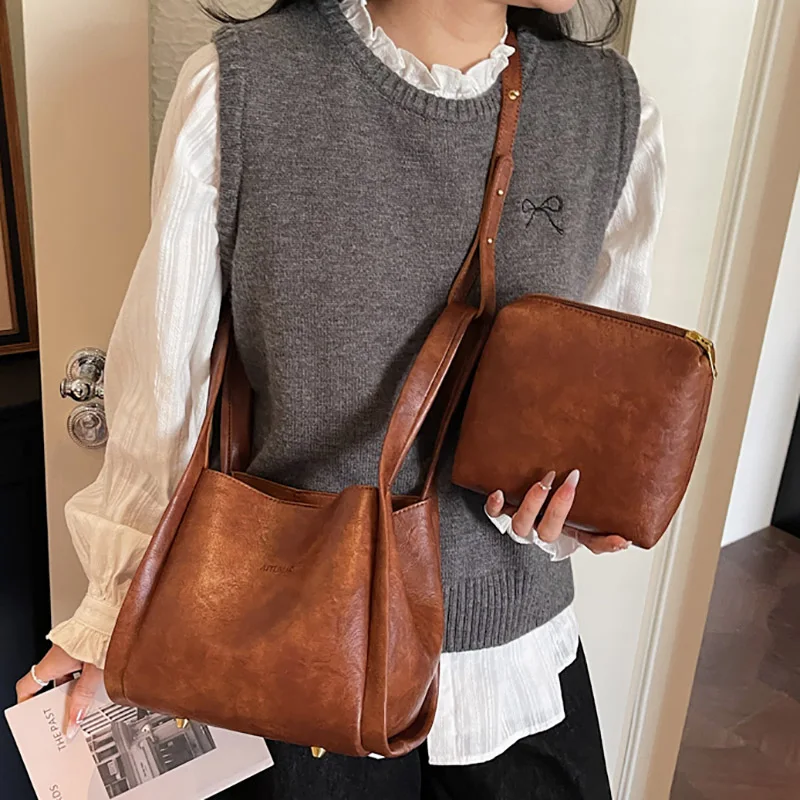 

2025 Autumn Women Bucket Bag Commuter Simple Fashion Handbag Non-shoulder Tote Bag Zipper Crossbody-Bag Lightweight Soft Vintage