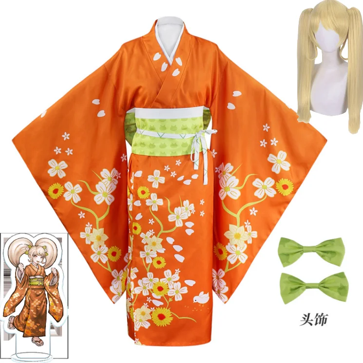 

Anime Game Danganronpa 2 Hiyoko Saionji Cosplay Costume Kimono Adult Women Orange Dress And wig Halloween Carnival Costume