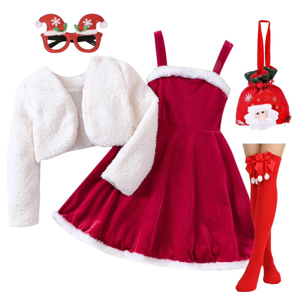 

Girls Christmas Dress With Coat Costume Festival Santa Clause Kids New Year Clothing Fancy Dress Xmas Party 2 Pcs Set