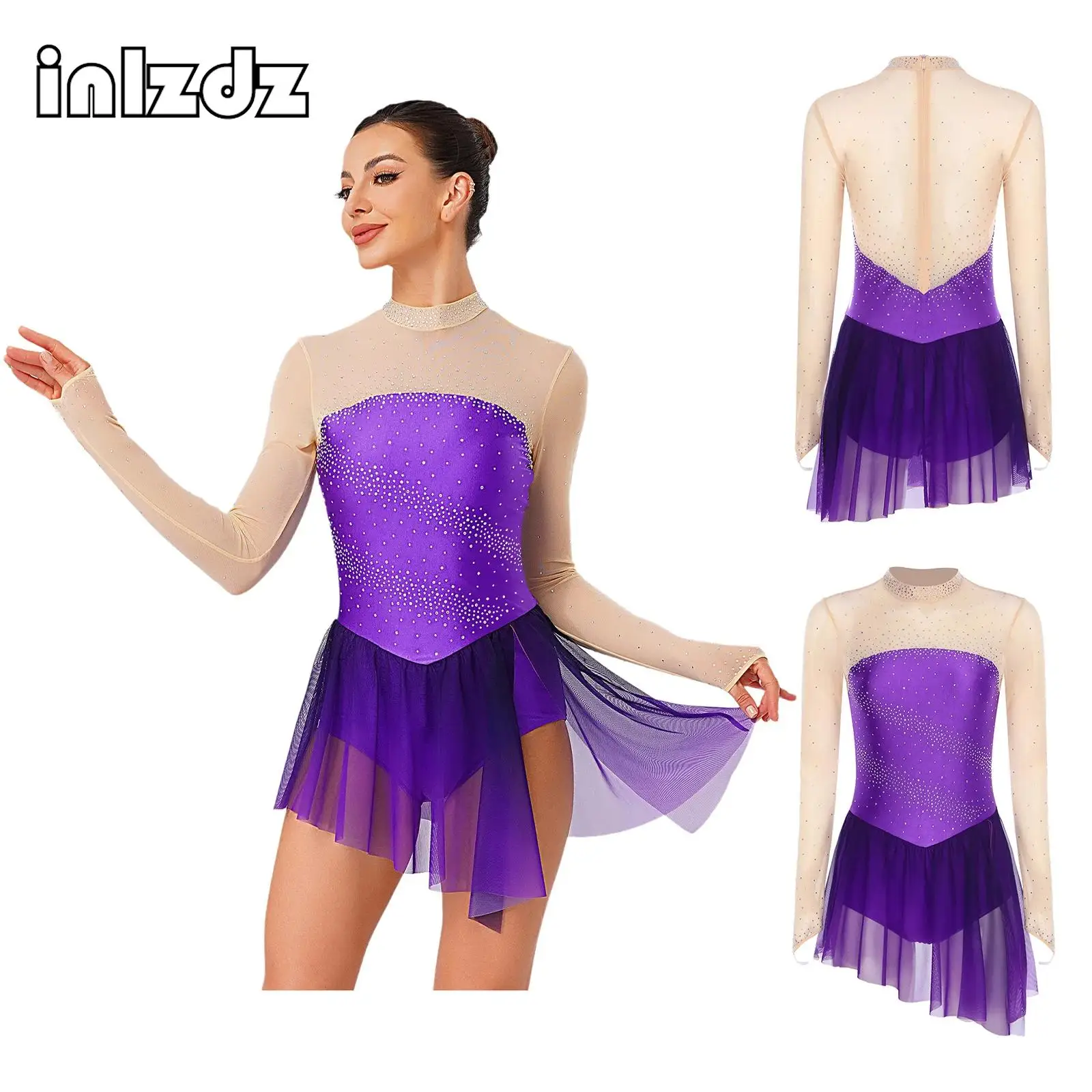 

Long Sleeve Ballet Figure Skating Leotard Dress Rhinestones Color Block Gradient Dress Gymnastics Performance Costume for Womens