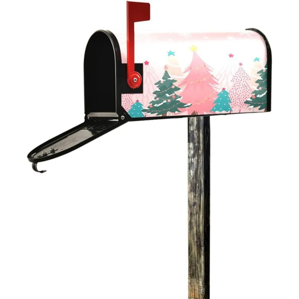 Pink Magnetic Christmas Tree Mailbox Cover with Snowflake Design, Standard Size 21"x18", Weather-Resistant Holiday Decor