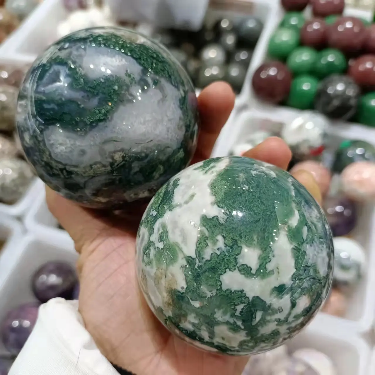 Natural Moss Agate Crystal Quartz Sphere, Rock Mineral, Reiki Healing