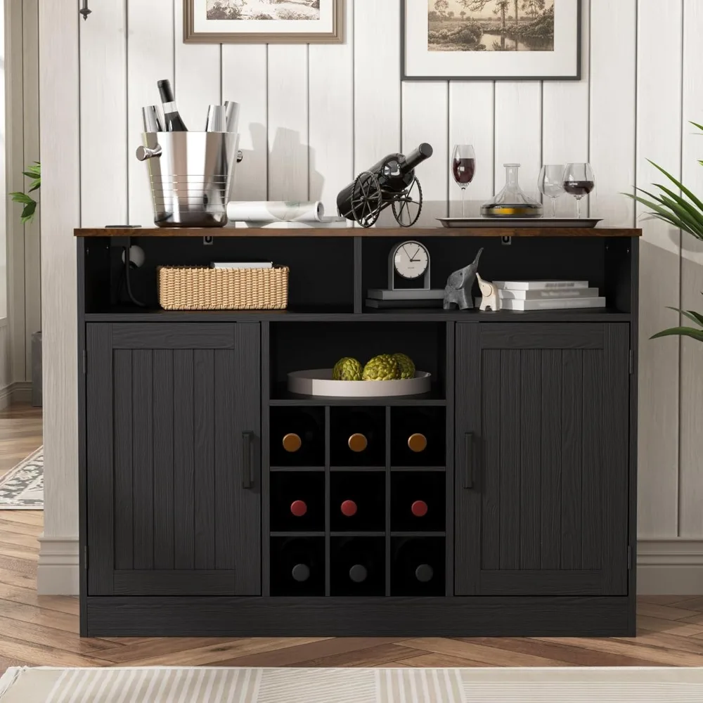 Farmhouse Buffet Cabinet with Power Outlets, Rustic Sideboard Buffet with Wine Rack, Wooden Buffet Table for Dining Room