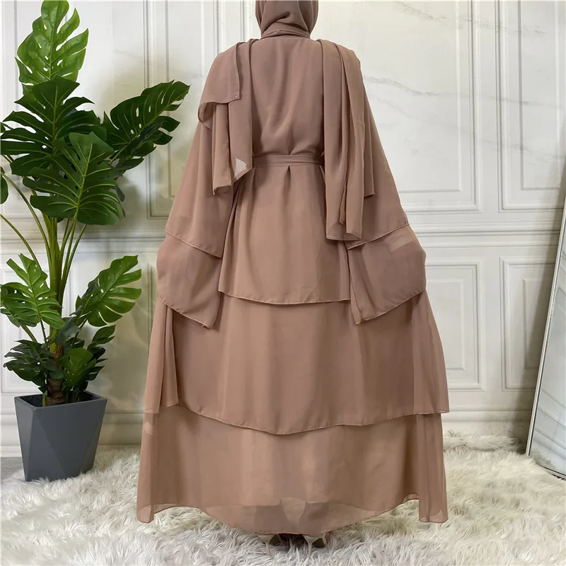 Ramadan Eid Abayas for Women Dubai 2023 Three-layer Soft Chiffon Muslim Fashion Dress Woman Open Abayas With Belt Turkey Islam