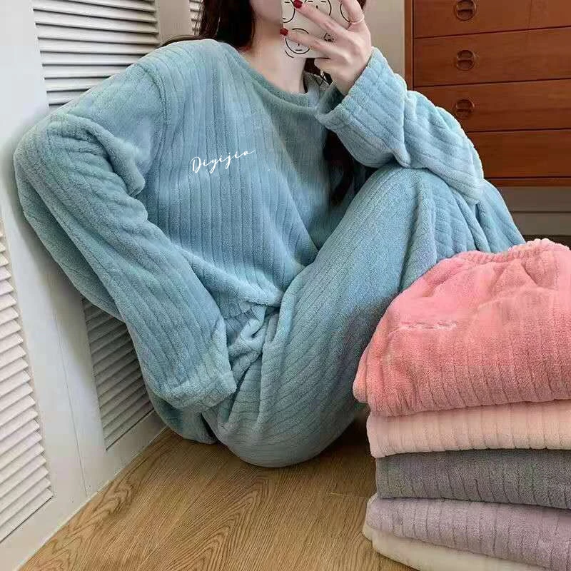 2pcs/Set Women\'s Pajamas Fall And Winter Coral Velvet Padded Thickened Warm Home Wear Plus Size Student Pajamas Long Pants Long-