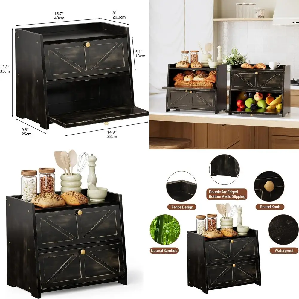 

Large Antique Black Double Layer Bamboo Bread Box for Kitchen Counter Storage