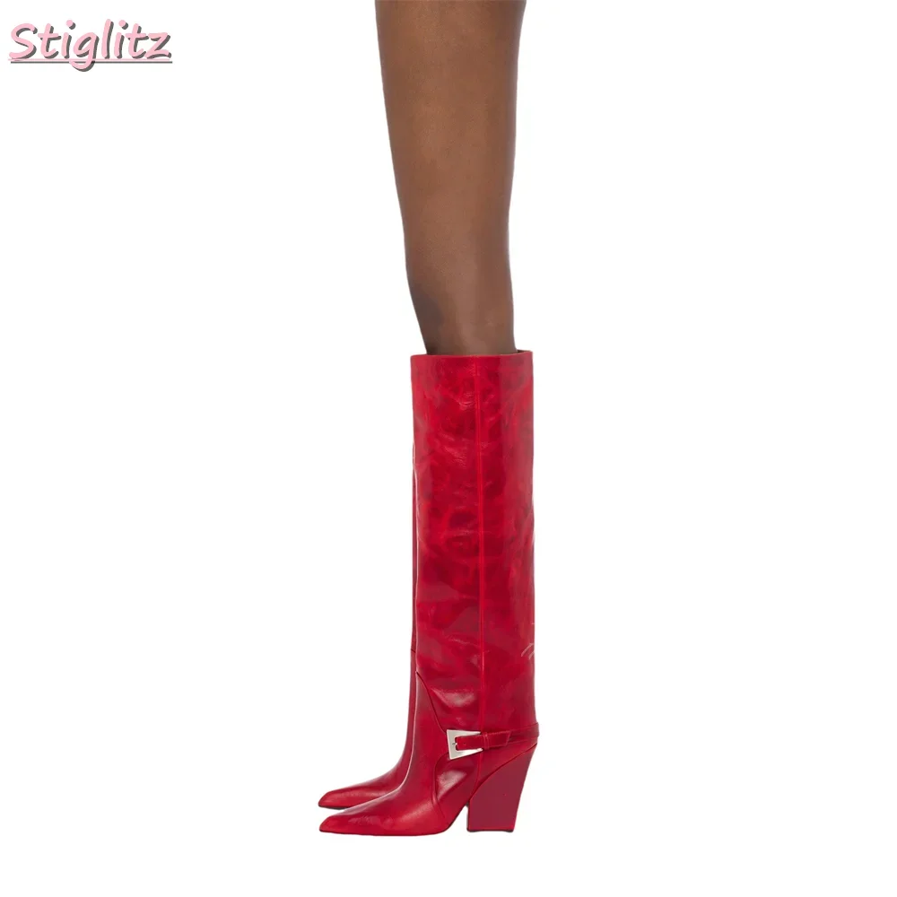 Sexy Red Metal Belt Buckle Boots Square Toe lock Heels Knee High Boots Slip-on 2025 Autumn Women's Fashion Faux Leather Shoes