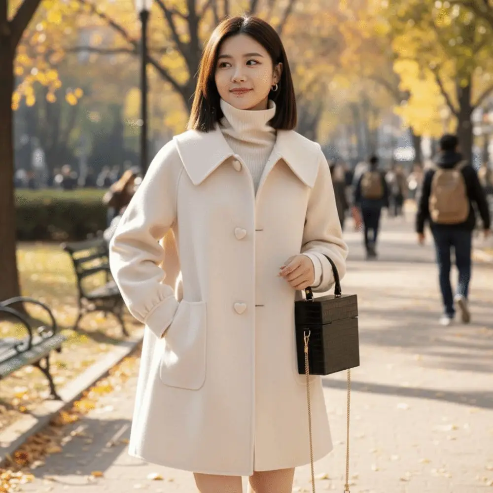 

Mid Length Woolen Coat Women Heart-shaped Buckle Chic Long Sleeve Cardigan Lady Tops Flip Collar Windproof Coats Streetwear