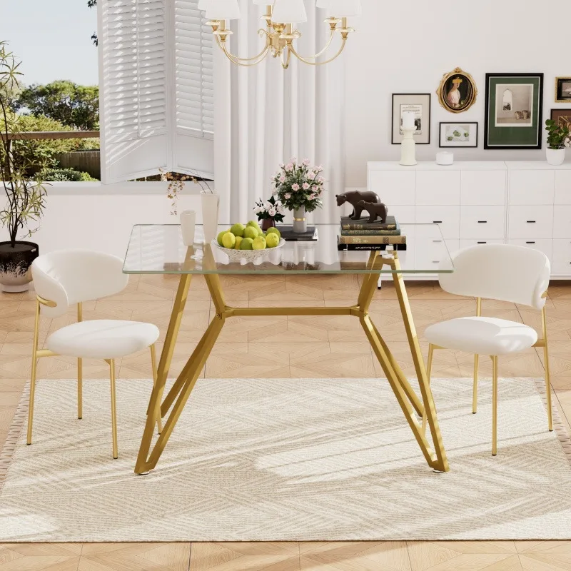 47.3 Inch Rectangular Glass Suitable 1-6 People Modern Style Home Kitchen Table Equipped With Sturdy Metal Table Legs Suitable