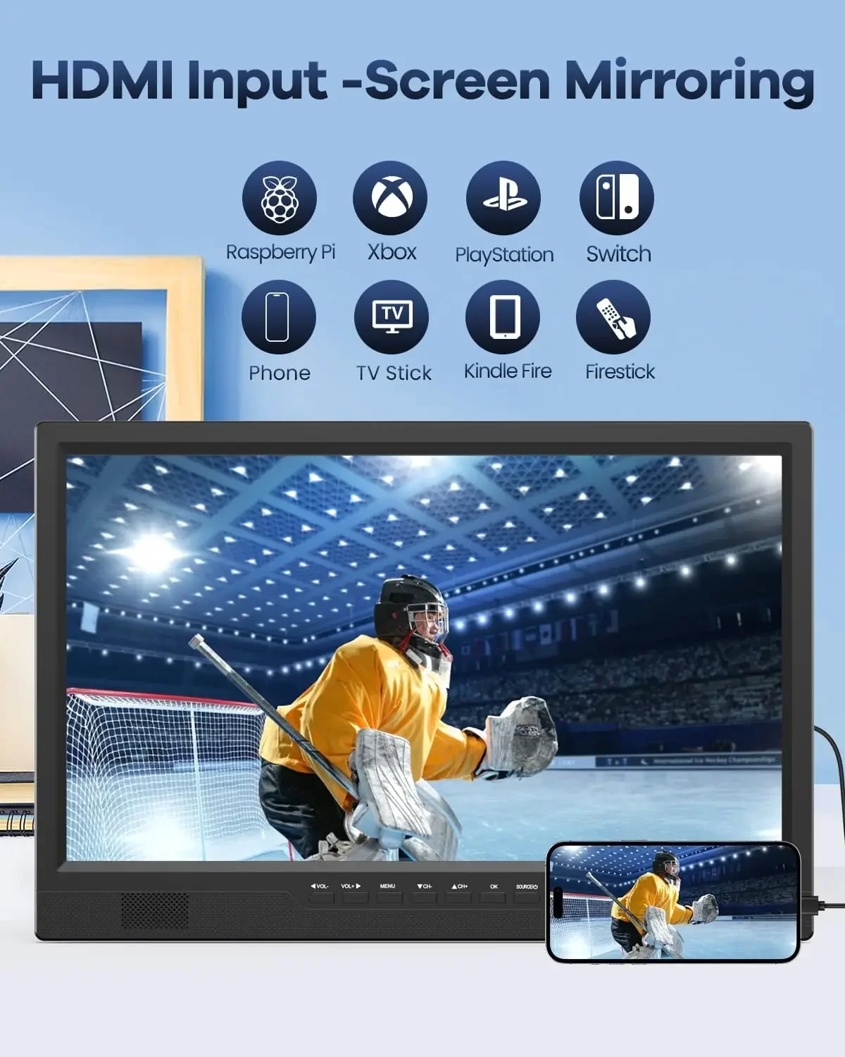 TV for Camping, 8000mAh Battery TV Portable for Power Outages, 180° Adjustable Stand, 1080P HDMI Input, AV Input, USB, Small TV