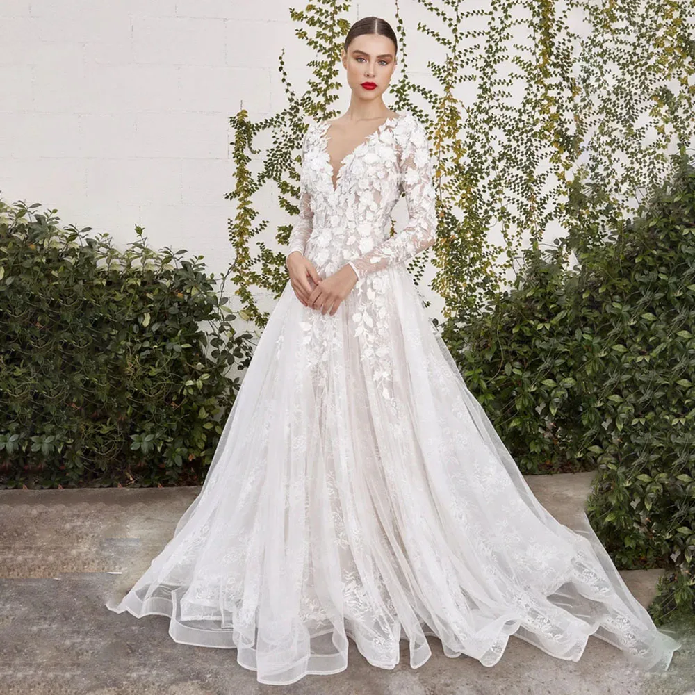 

Exquisite Deep V-neck Long Sleeves Wedding Dresses Fashion Applique A-line Tulle Pleat Floor Length Marry Dress Customized